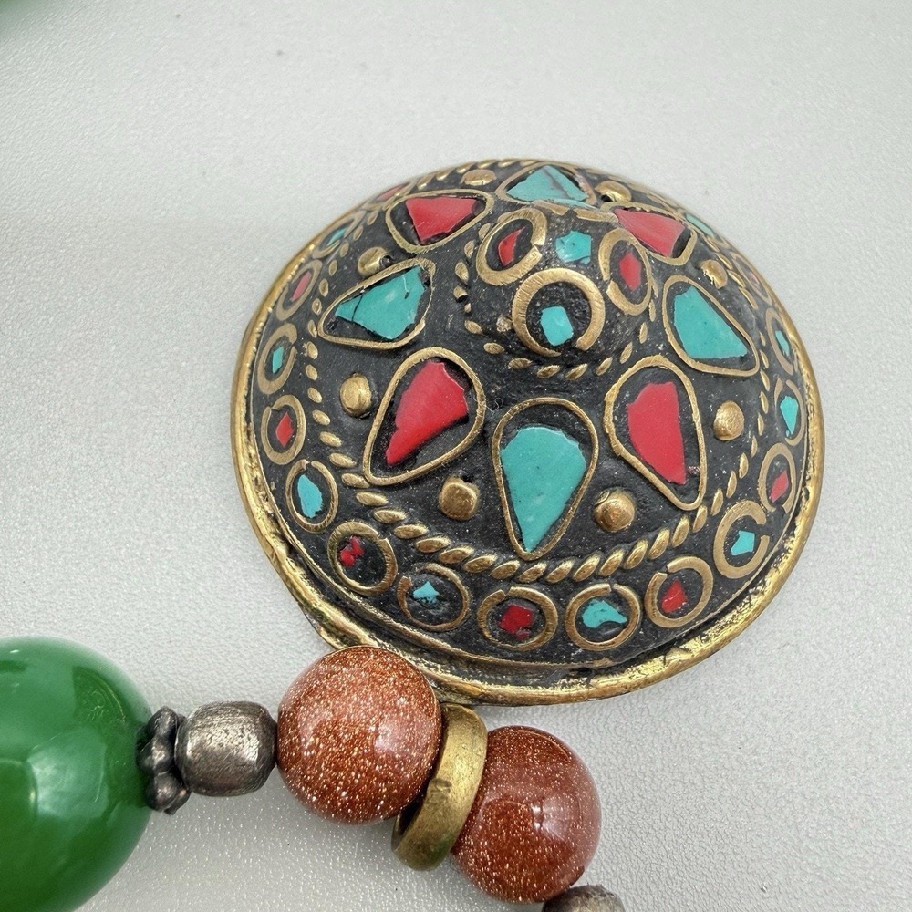 Tibetan Inlay Dome Pendant Necklace Boho Mixed Glass/Semi Precious Beads & Stone - Picture 16 of 16